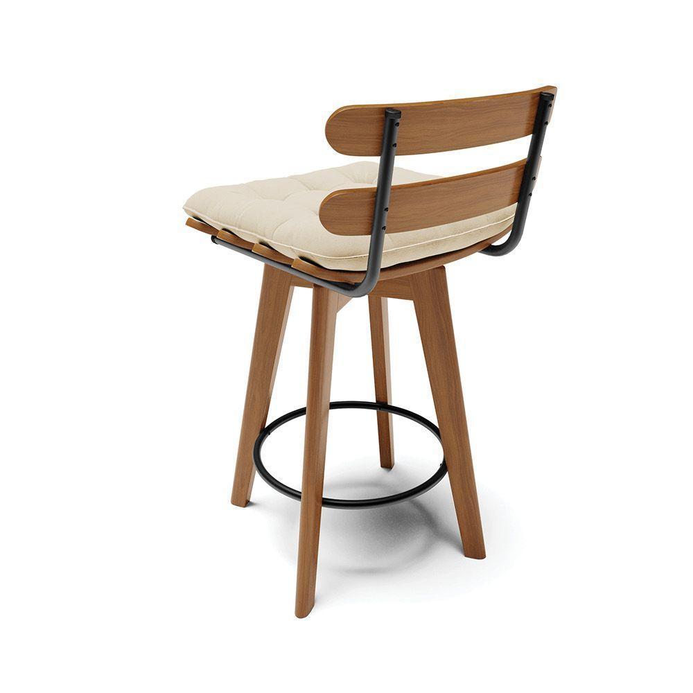 Kit 04 Banquetas Giratória Costela Linho Base Madeira Ma70 J01 - D'rossi A32 Palha - 6