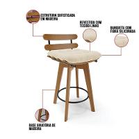 Kit 04 Banquetas Giratória Costela Linho Base Madeira Ma70 J01 - D'rossi A32 Palha - 8