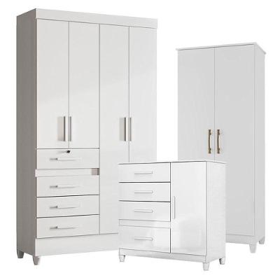 Guarda Roupa Infantil Sobral Com Cômoda Vênus Com Pés E Armário Multiuso Jade Branco Brilho - Moval