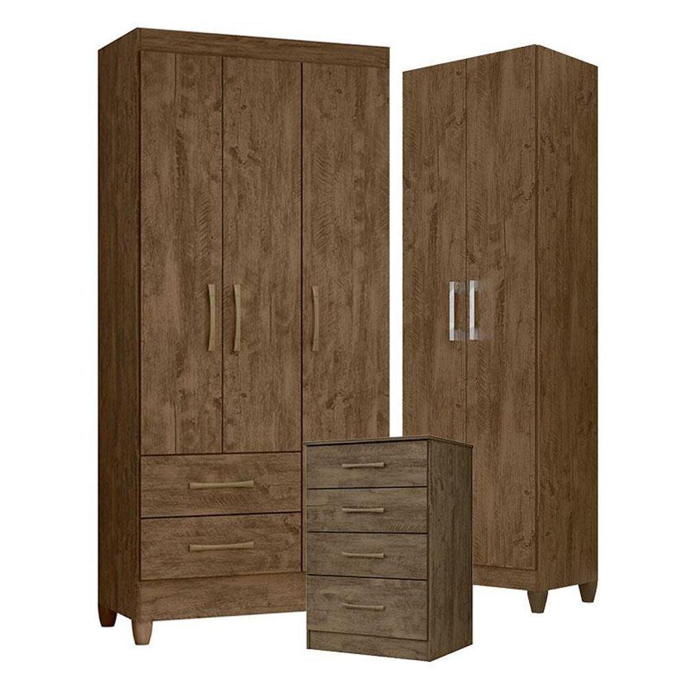 Guarda Roupa Solteiro Lima Com Cômoda Ms913 E Armário Multiuso New íris Castanho Wood - Moval - 1
