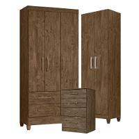Guarda Roupa Solteiro Lima Com Cômoda Ms913 E Armário Multiuso New íris Castanho Wood - Moval - 1