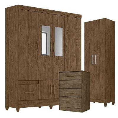 Guarda Roupa Com Espelho Casal Ms912 Com Cômoda Ms913 E Armário Multiuso New íris Castanho Wood - Moval