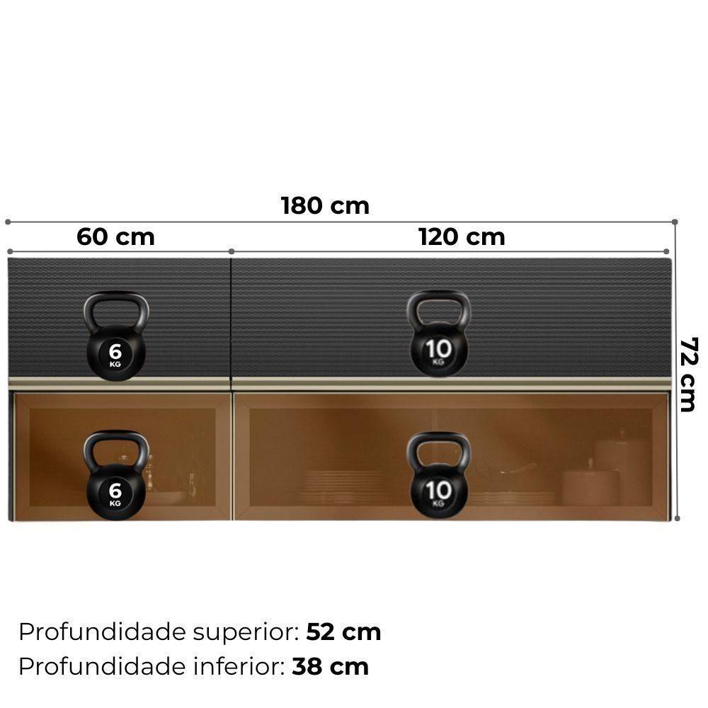 Armario Aereo 120 Cm E Armario Aereo 60 Cm Vidro Proenca Nogueira Carbono Prime Demartez - 3