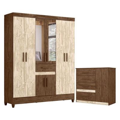 Guarda Roupa Casal Portugal Com Espelho E Cômoda Vênus Castanho Avelã Wood - Moval