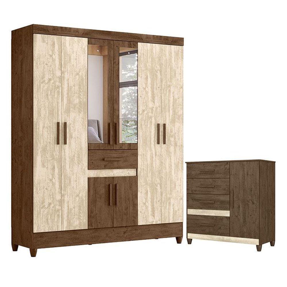 Guarda Roupa Casal Portugal Com Espelho E Cômoda Vênus Com Pés Castanho Avelã Wood - Moval - 1