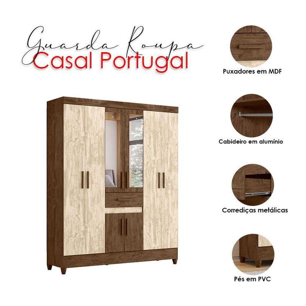 Guarda Roupa Casal Portugal Com Espelho E Cômoda Vênus Com Pés Castanho Avelã Wood - Moval - 3