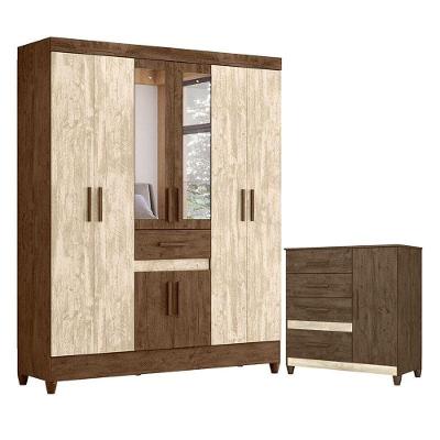 Guarda Roupa Casal Portugal Com Espelho E Cômoda Vênus Com Pés Castanho Avelã Wood - Moval