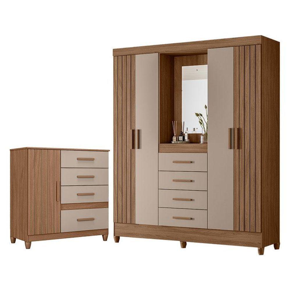 Guarda Roupa Solteiro Com Espelho Atenas E Cômoda Vênus Com Pés Carvalho Fendi - Moval - 1