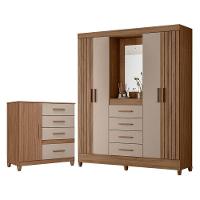 Guarda Roupa Solteiro Com Espelho Atenas E Cômoda Vênus Com Pés Carvalho Fendi - Moval - 1