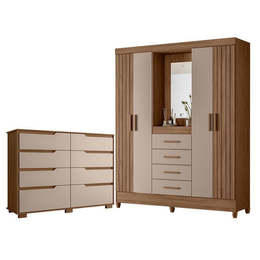 Guarda Roupa Solteiro Com Espelho Atenas E Cômoda Georgia Carvalho Fendi - Moval - 1