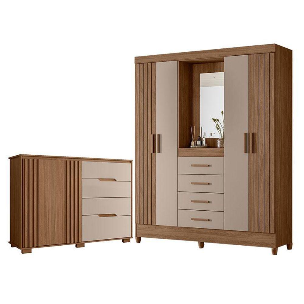 Guarda Roupa Solteiro Com Espelho Atenas E Cômoda Texas Carvalho Fendi - Moval - 1