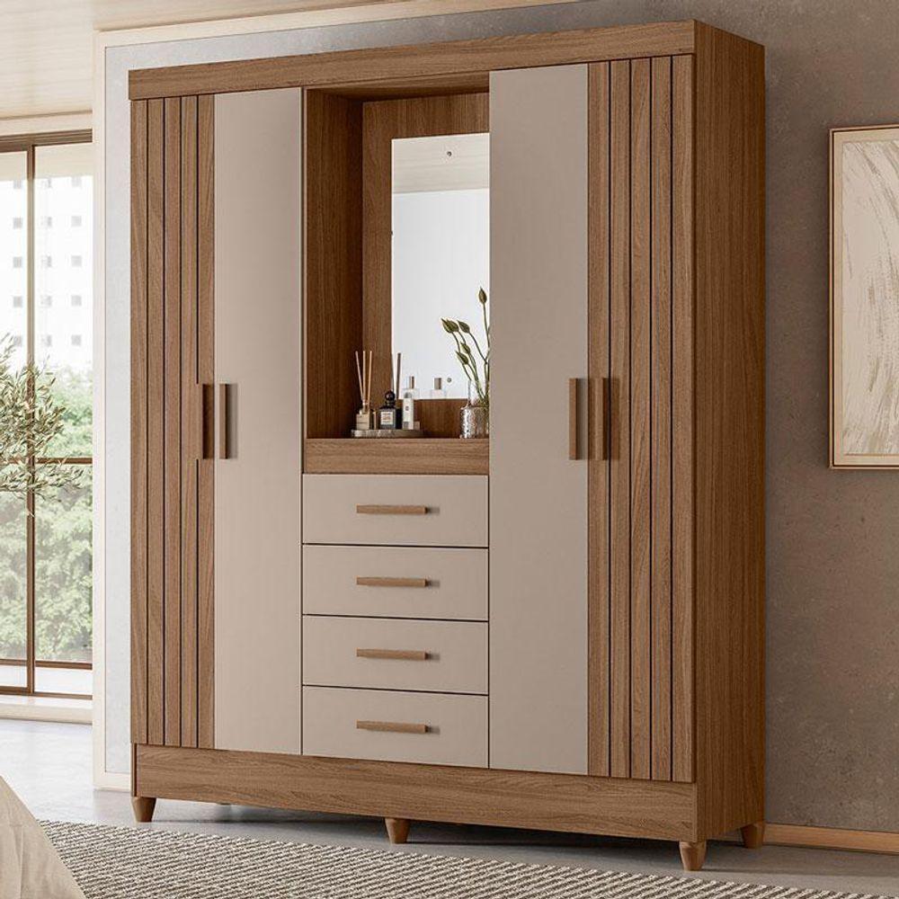 Guarda Roupa Solteiro Ambiente Atenas Com Espelho 4 Portas Carvalho Fendi - Moval - 1