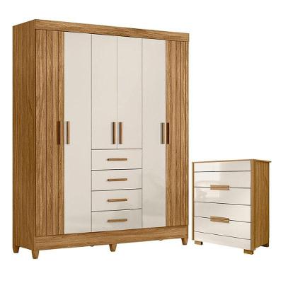 Guarda Roupa Solteiro e Cômoda Aruba Dhara 6 Portas 4 Gavetas em MDF Freijó Off White Brilho