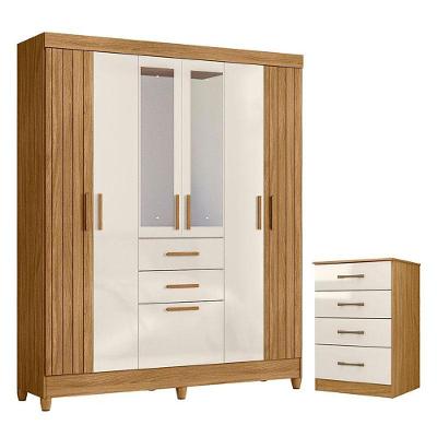 Guarda Roupa Solteiro com Cômoda Malta Ms913 7 Portas 2 Gavetas MDP Freijó Off White Brilho