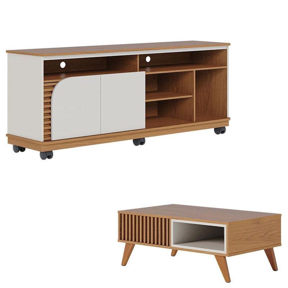 Rack Bancada Jurerê 1.5 Freijó Off White Matte Com Mesa De Centro Jeri Freijó Off White- Colibri - 1