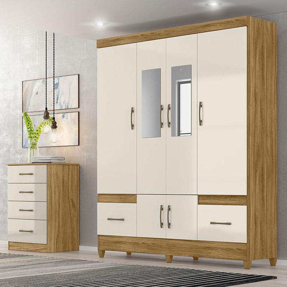 Guarda Roupa Casal Ambiente Ms912 Com Espelho E Cômoda Ms913 Freijó Off White - Moval - 1