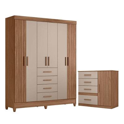Guarda Roupa Solteiro e Cômoda Aruba Vênus 7 Portas 8 Gavetas MDP Carvalho Fendi Fosco