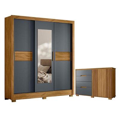 Guarda Roupa Casal e Cômoda Bahamas Texas 3 Portas de Correr 2 Gavetas MDP Freijó Cinza Fosco