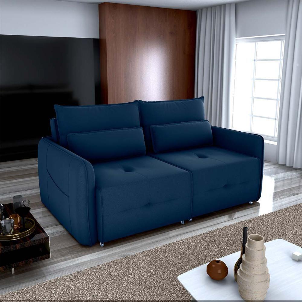 Sofá Cama 2 Lugares Com Almofadas 205cm Celine Veludo Azul Matrix Veludo Azul - 4