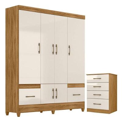 Guarda Roupa Casal e Cômoda Ms912 Ms913 6 Portas 2 Gavetas em MDP Freijó Off White Brilho