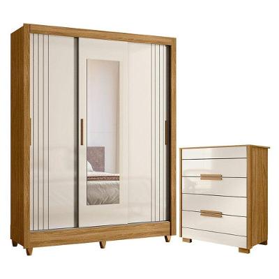 Guarda Roupa Casal e Cômoda Bolívia Dhara 3 Portas Correr 6 Gavetas MDF MDP Freijó Off White Brilho