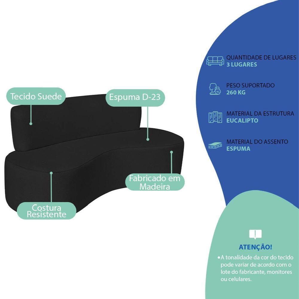 Sofá Curvo 3 Lugares Amsterdã 180cm Suede Cor Preto - 3