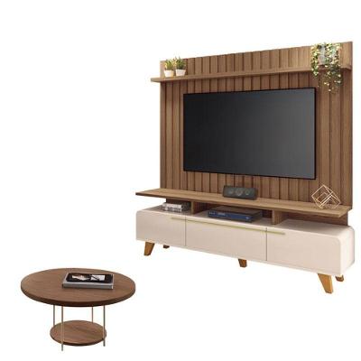 Rack Bancada Essenza E Painel Link 2.0 Com Mesa De Centro Sky Off White Castanho - Hb Móveis