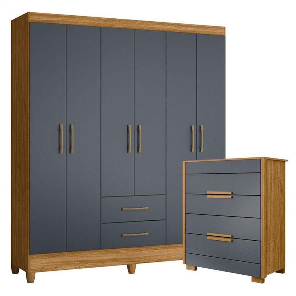 Guarda Roupa Casal Panamá E Cômoda Dhara Freijó Cinza- Moval - 1