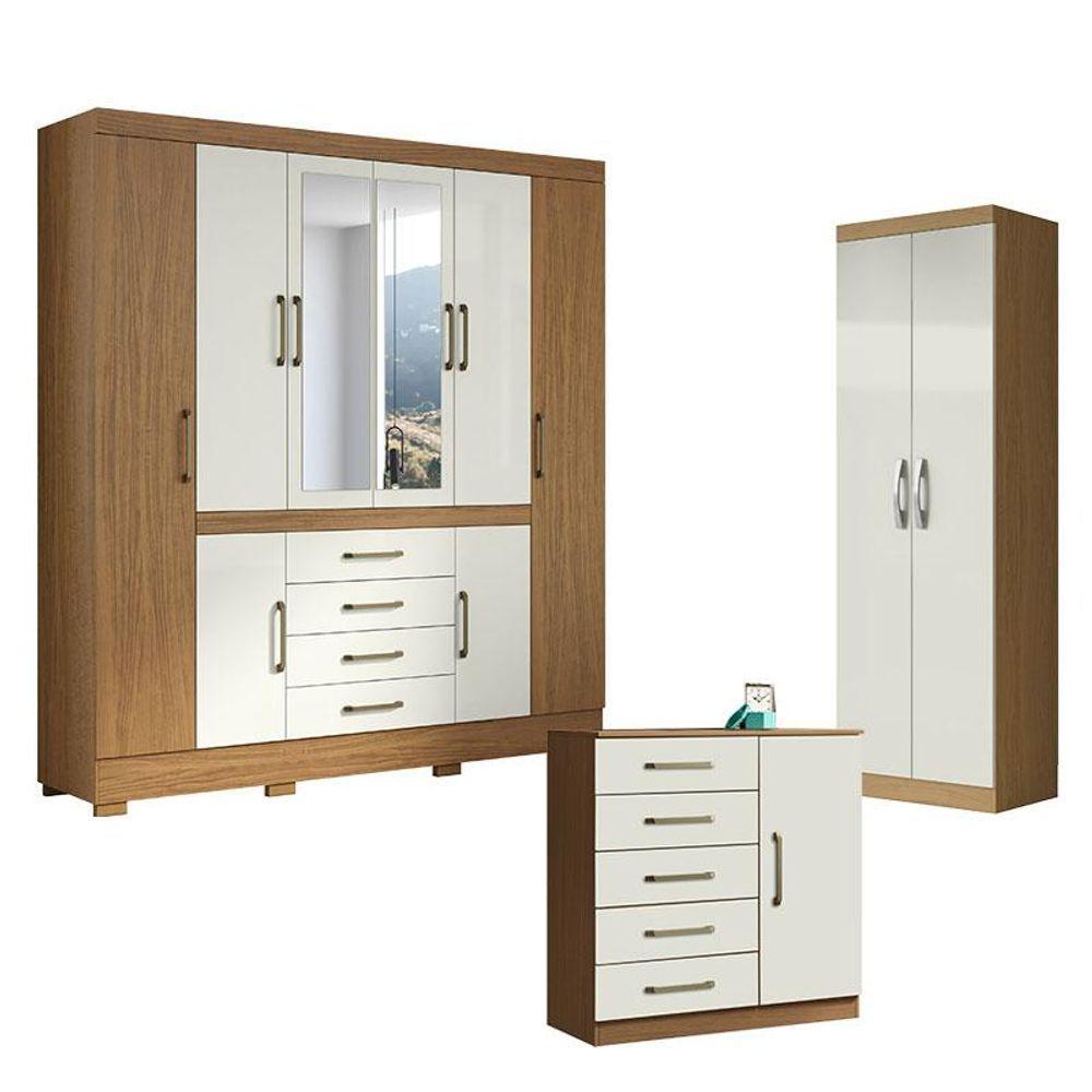 Guarda Roupa Casal Nápole 2045149 E Armário Multiuso New 2000192 E Cômoda Milão Atacama Off White - Aramóveis - 1
