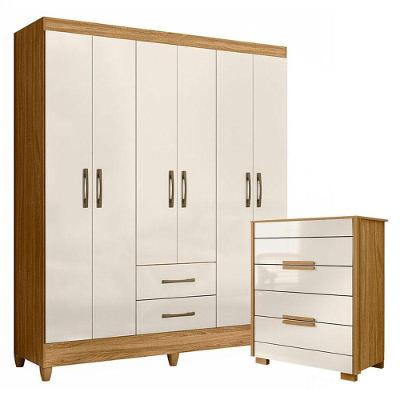 Guarda Roupa Casal e Cômoda Panamá Dhara 6 Portas 6 Gavetas MDP Freijó Off White