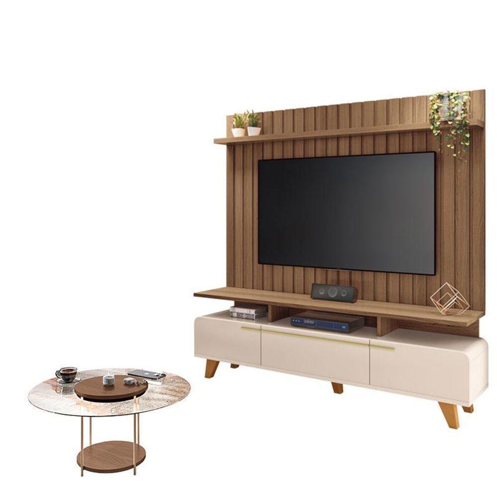 Rack Bancada Essenza E Painel Link 2.0 Com Mesa De Centro Sky Com Tampo De Vidro Off White Castanho - Hb Móveis - 1