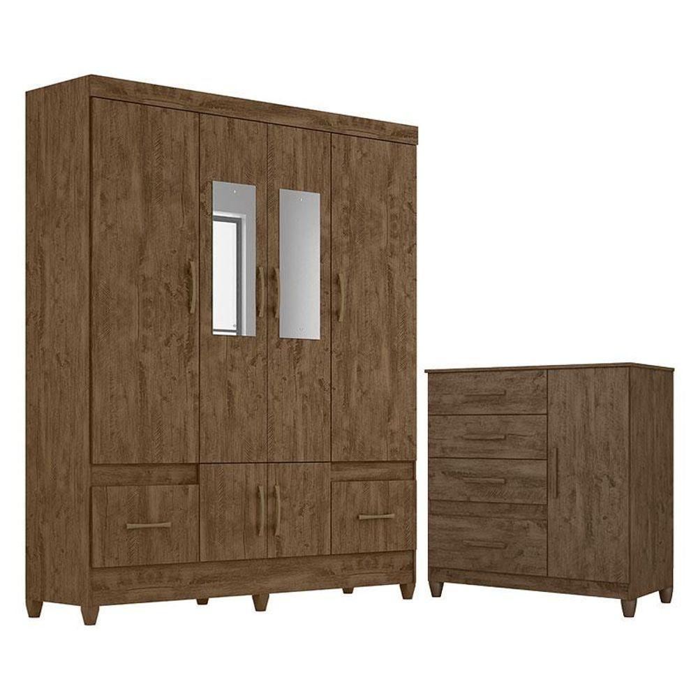 Guarda Roupa Casal Ms912 Com Espelho E Cômoda Vênus Com Pés Castanho Wood - Moval - 1