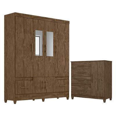 Guarda Roupa Casal Ms912 Com Espelho E Cômoda Vênus Com Pés Castanho Wood - Moval