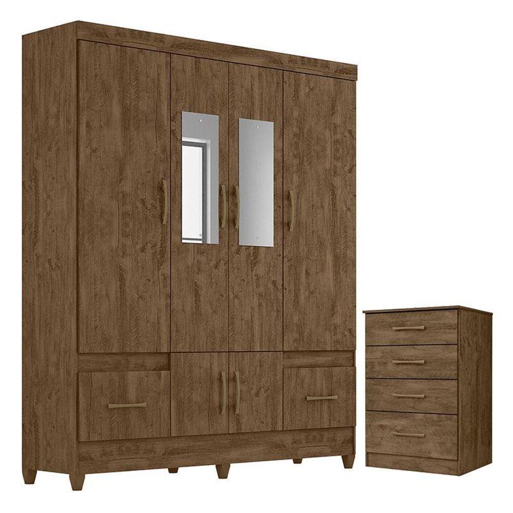 Guarda Roupa Casal Ms912 Com Espelho E Cômoda Ms913 Castanho Wood - Moval - 1