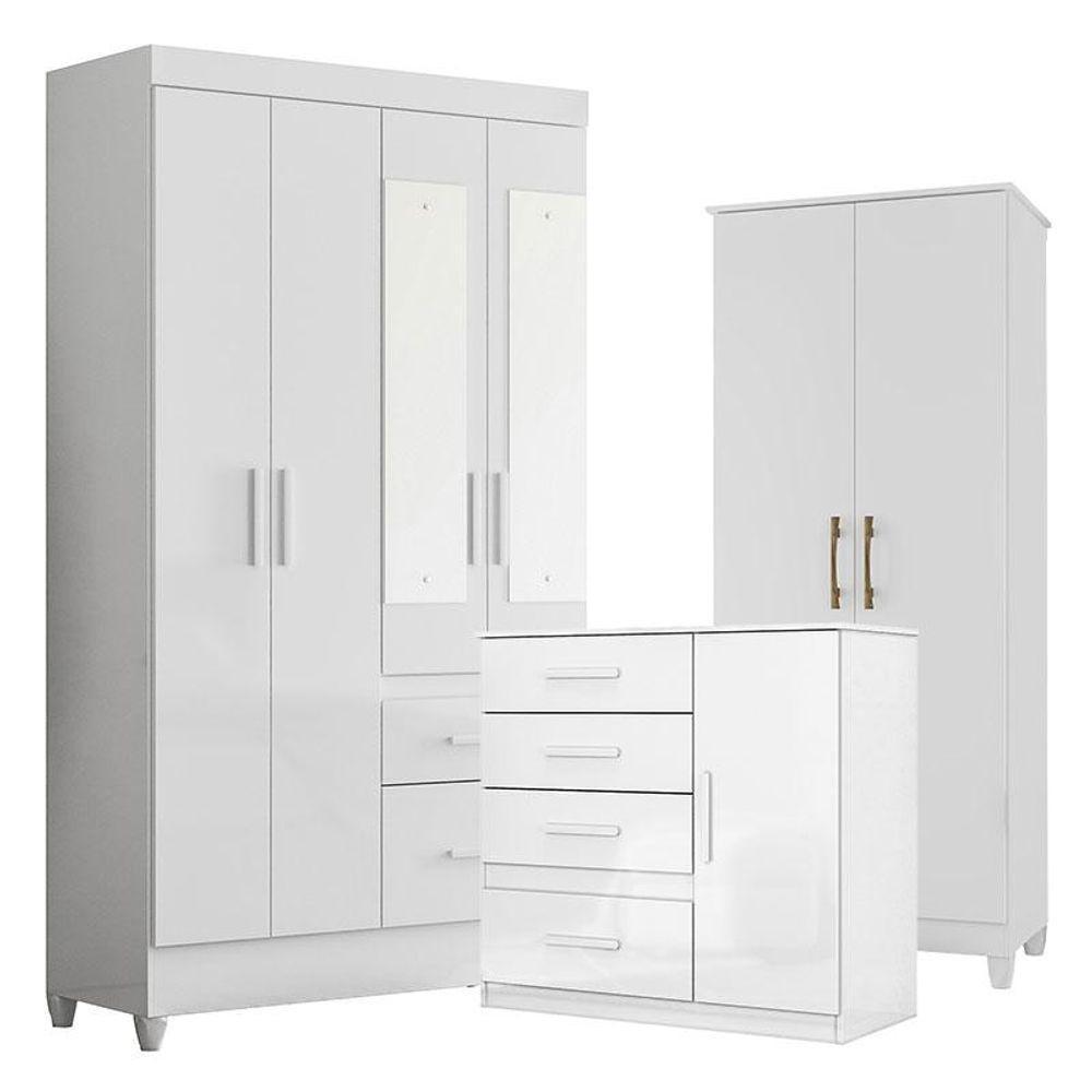 Guarda Roupa Com Espelho Infantil Sobral Com Cômoda Vênus E Armário Multiuso Jade Branco Brilho - Moval - 1