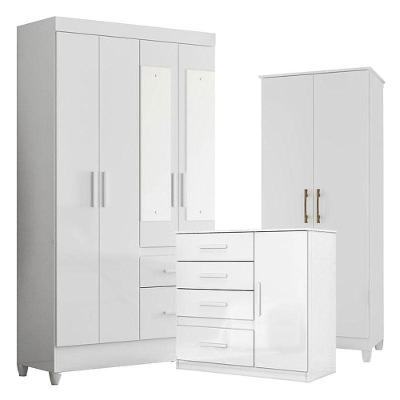 Guarda Roupa Com Espelho Infantil Sobral Com Cômoda Vênus E Armário Multiuso Jade Branco Brilho - Moval
