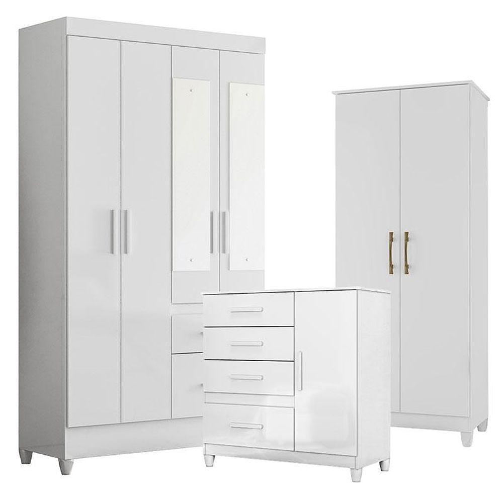 Guarda Roupa Com Espelho Infantil Madri Com Cômoda Vênus Com Pés E Multiuso Jade Branco Brilho - Moval - 1