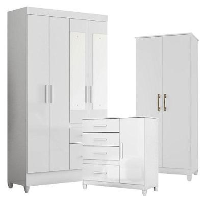 Guarda Roupa Com Espelho Infantil Madri Com Cômoda Vênus Com Pés E Multiuso Jade Branco Brilho - Moval