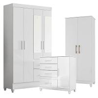 Guarda Roupa Com Espelho Infantil Madri Com Cômoda Vênus Com Pés E Multiuso Jade Branco Brilho - Moval - 1