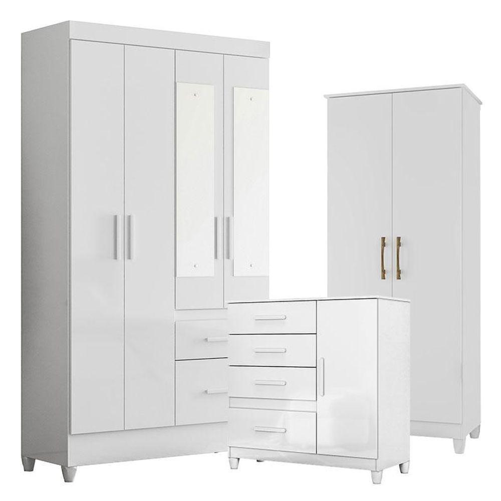 Guarda Roupa Com Espelho Infantil Sobral Com Cômoda Vênus Com Pés E Multiuso Jade Branco Brilho - Moval - 1