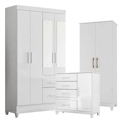 Guarda Roupa Com Espelho Infantil Sobral Com Cômoda Vênus Com Pés E Multiuso Jade Branco Brilho - Moval