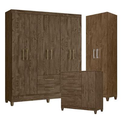 Guarda Roupa Casal Panamá Com Cômoda Vênus Com Pés E Armário Multiuso New íris Castanho Wood - Moval