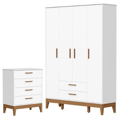 Guarda Roupa Infantil Flip 4 Portas 2 Gavetas em MDF Branco Acetinado com Cômoda