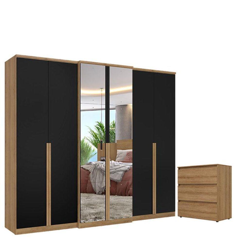 Guarda Roupa Casal Valência 6 Portas Full Glass Capuccino Preto E Cômoda Gaveteiro Condessa Acetinado - Thb - 1