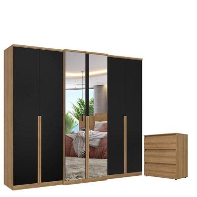 Guarda Roupa Casal Valência 6 Portas Full Glass Capuccino Preto E Cômoda Gaveteiro Condessa Acetinado - Thb
