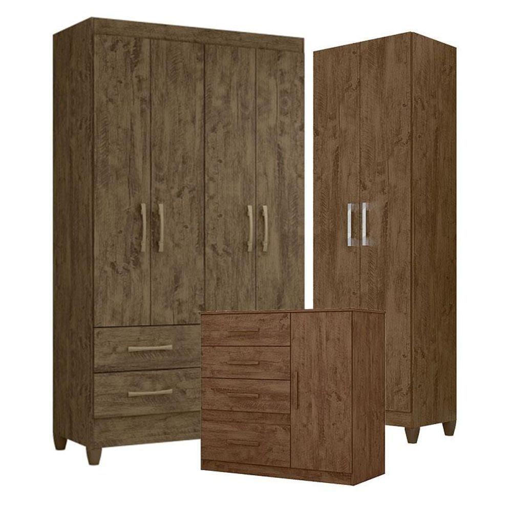 Guarda Roupa Solteiro Chile Com Cômoda Vênus E Armário Multiuso New íris Castanho Wood - Moval - 1
