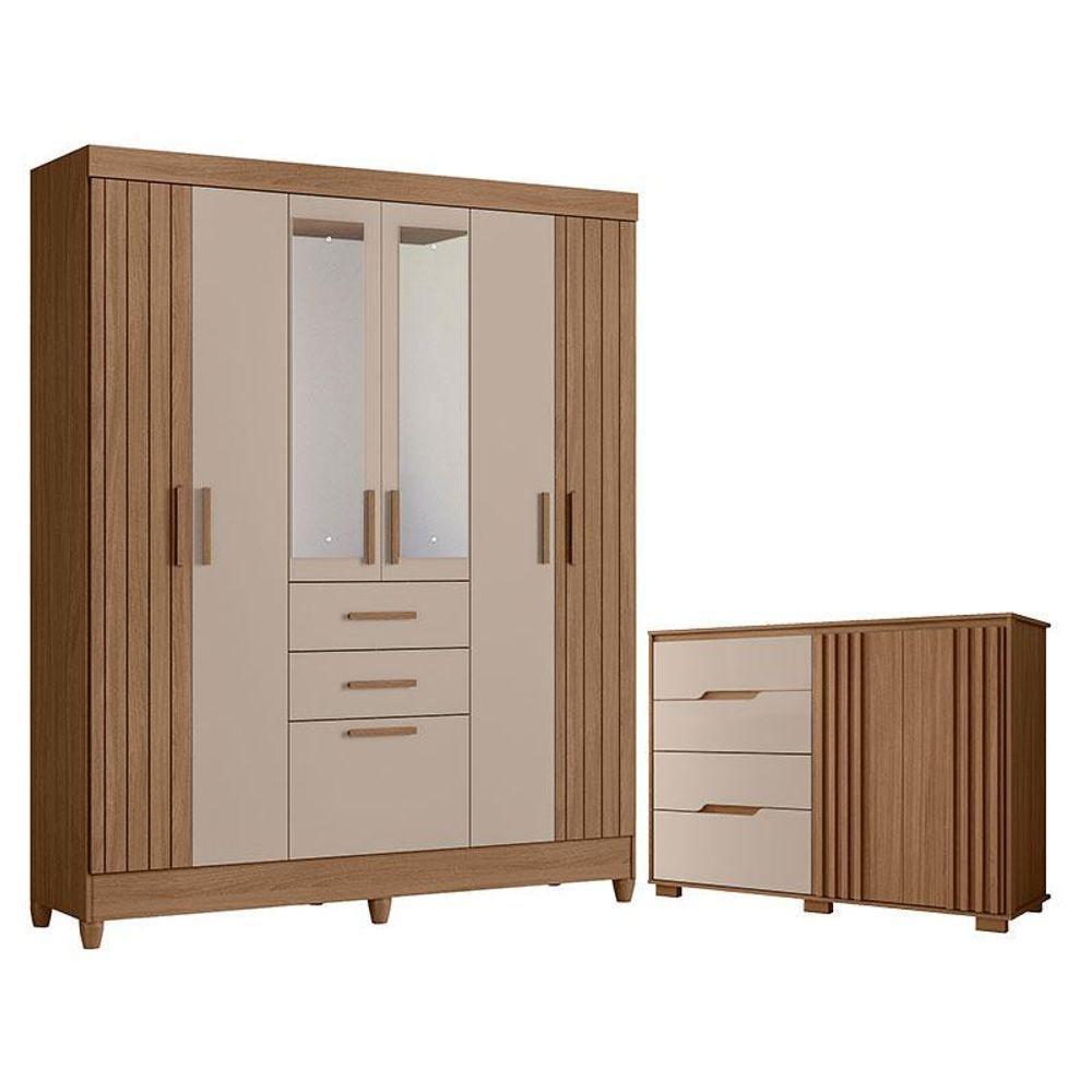 Guarda Roupa Solteiro Malta Com Espelho E Cômoda Texas Carvalho Fendi - Moval - 1