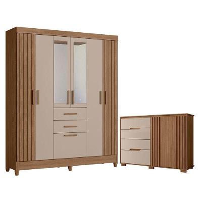 Guarda Roupa Solteiro Malta Com Espelho E Cômoda Texas Carvalho Fendi - Moval