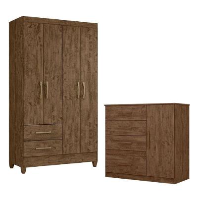 Guarda Roupa Solteiro e Cômoda Chile Vênus 4 Portas de Bater 2 Gavetas em MDP Castanho Wood