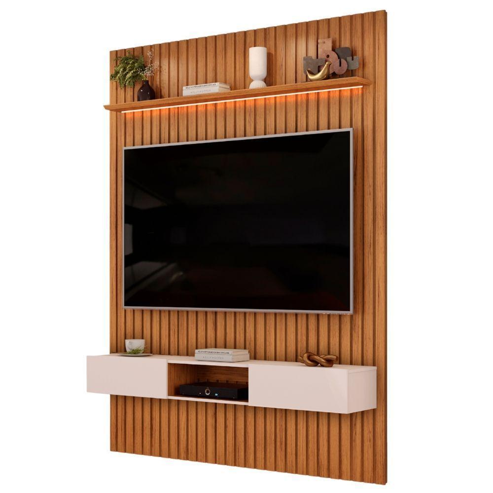 Painel Para Tv Até 65 Polegadas 1,83m Ripado Autêntico Com Led E Nicho Montreal Madeirado/off White - 2